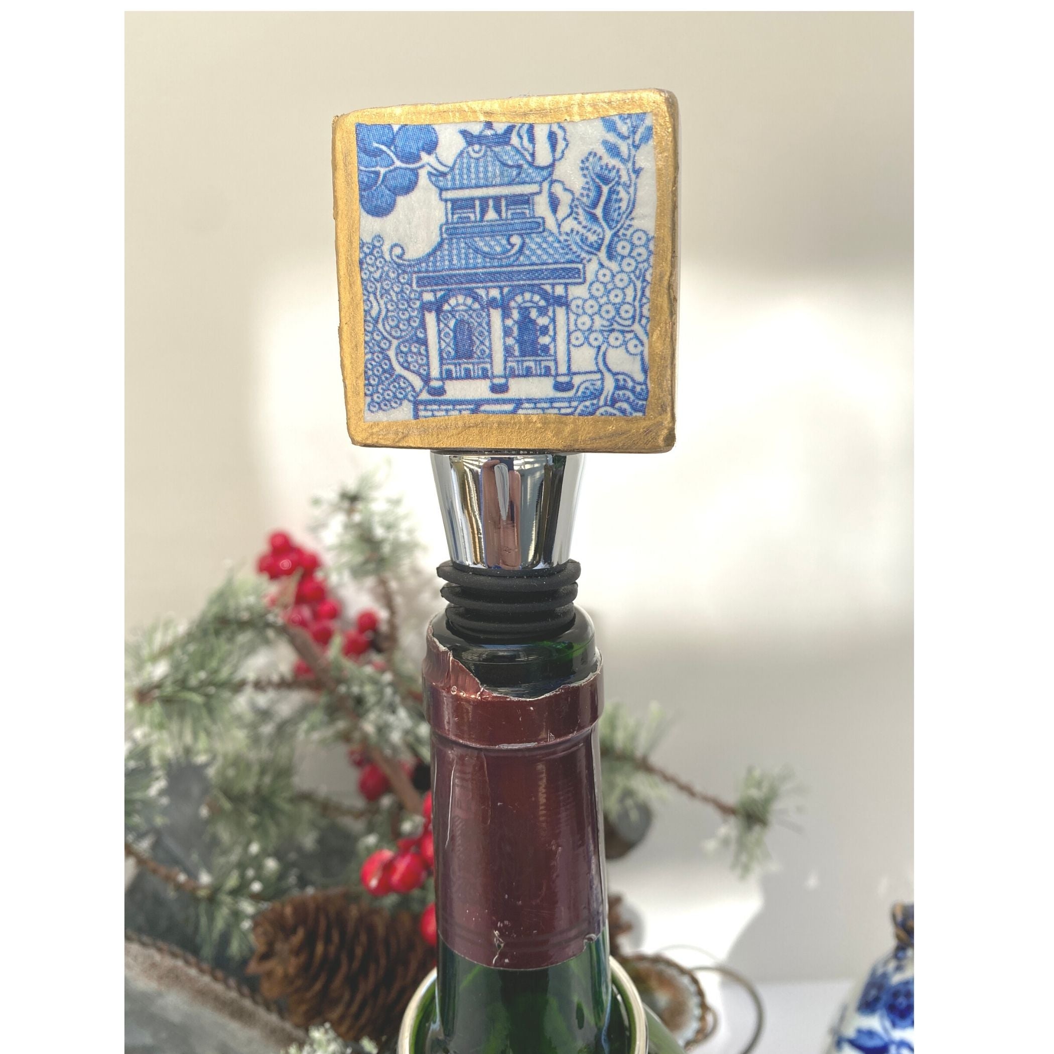 Bottle Stopper, Marble Bottle Stopper, Blue Chinoiserie Chinese House, Hostess Gift,