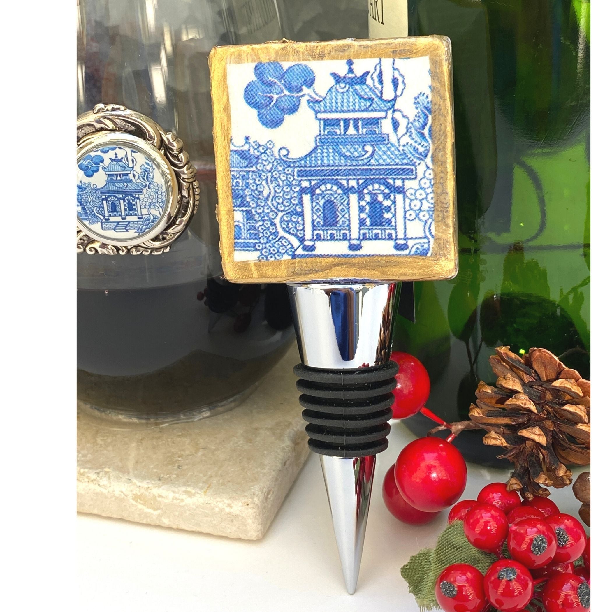 Bottle Stopper, Marble Bottle Stopper, Blue Chinoiserie Chinese House, Hostess Gift,