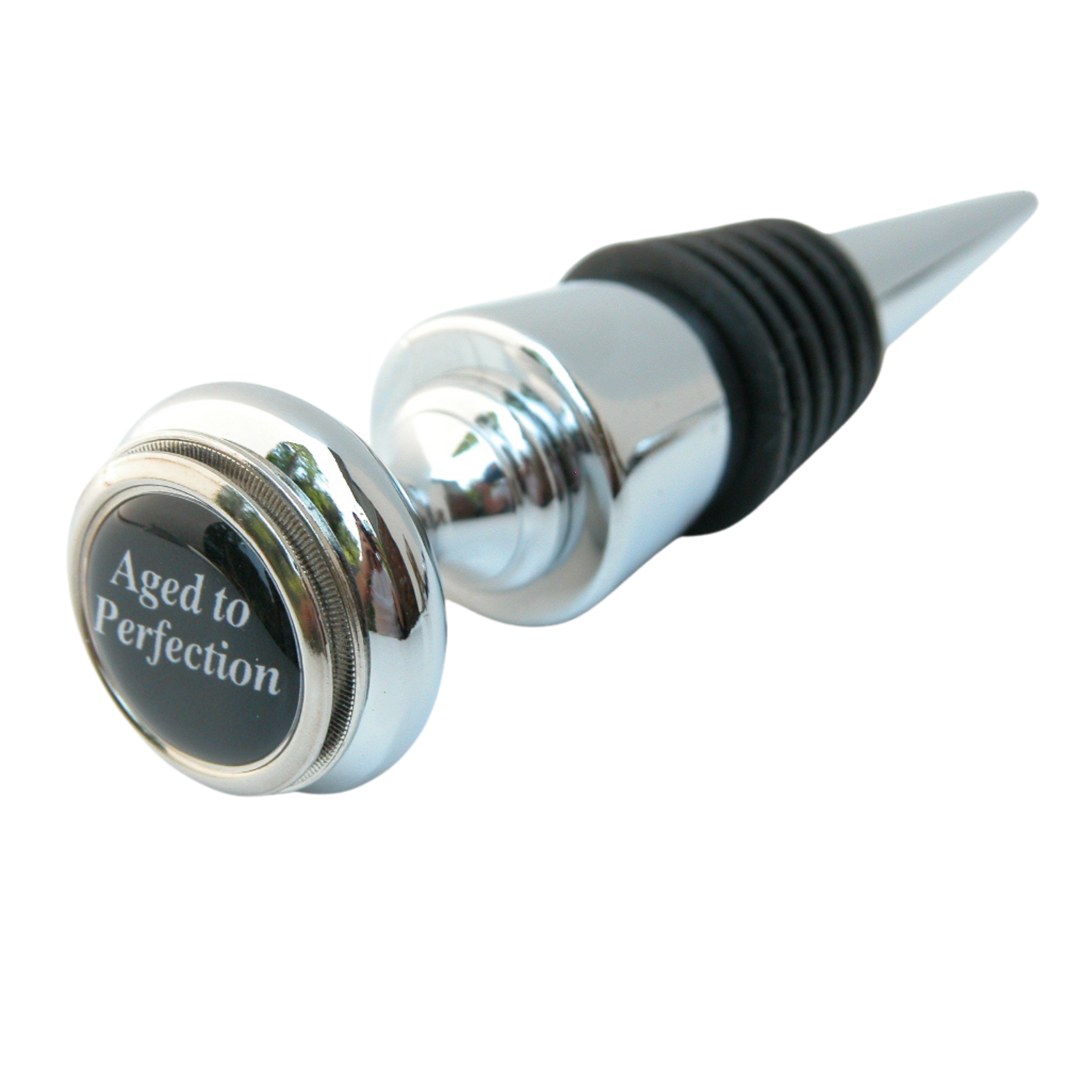 A silver bottle stopper with a black top that has the phrase 'Aged to Perfection' printed on it. The stopper has a metallic finish and is designed for wine bottles.
