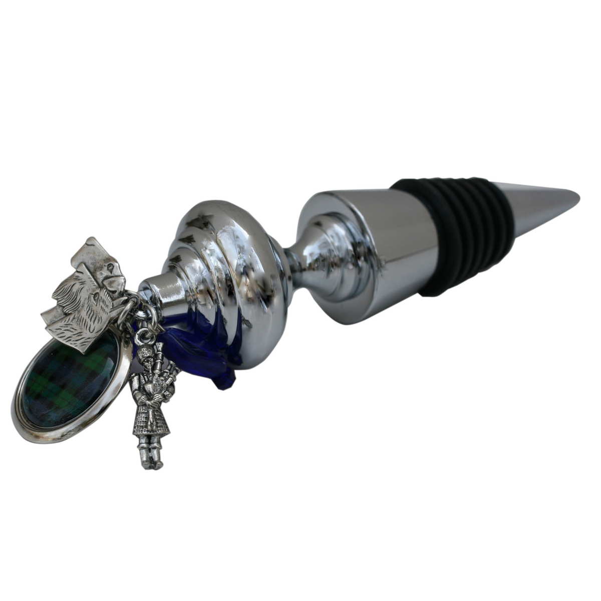 A silver and blue bottle stopper with Scottish-themed charms, including a bagpiper and two Scottie dog heads, along with a tartan pattern in a round silver bezel. Gift for a lover of Scotland