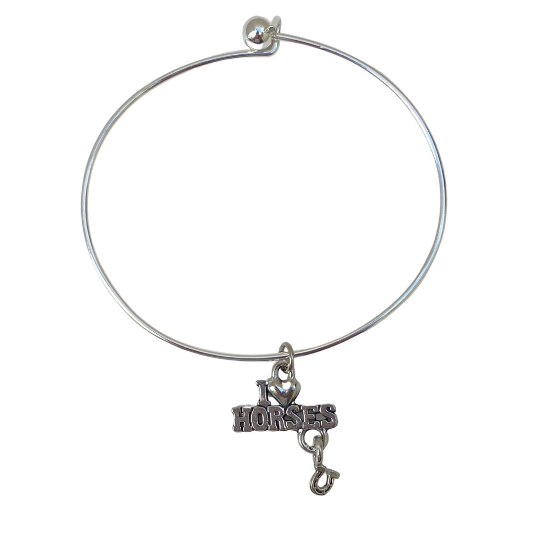 Silver expandable hoop bracelet with a silver 'I love horses' charm and a safety chain.