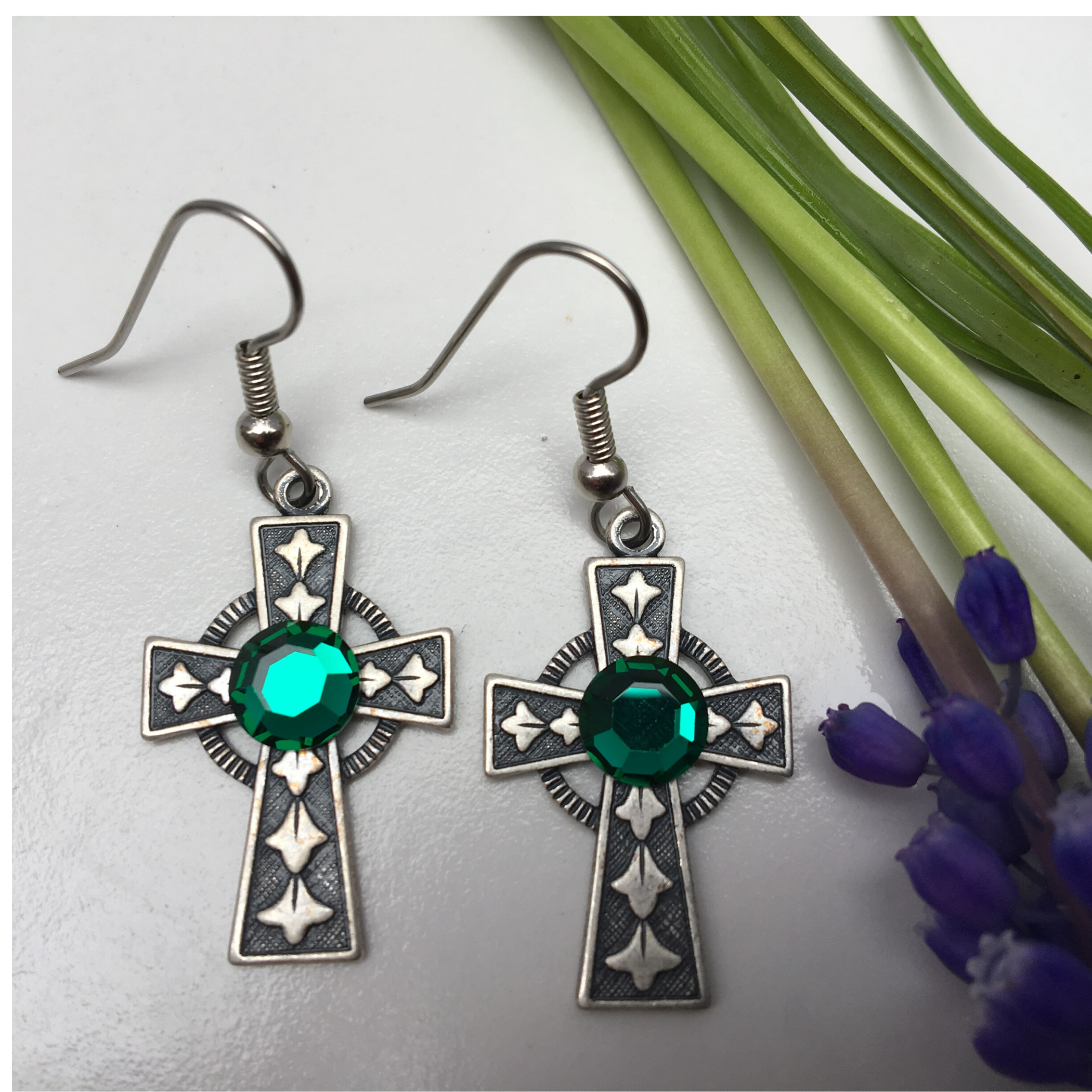 Earring, Irish Celtic Cross, Silver plate, Emerald Crystal, Handmade in USA