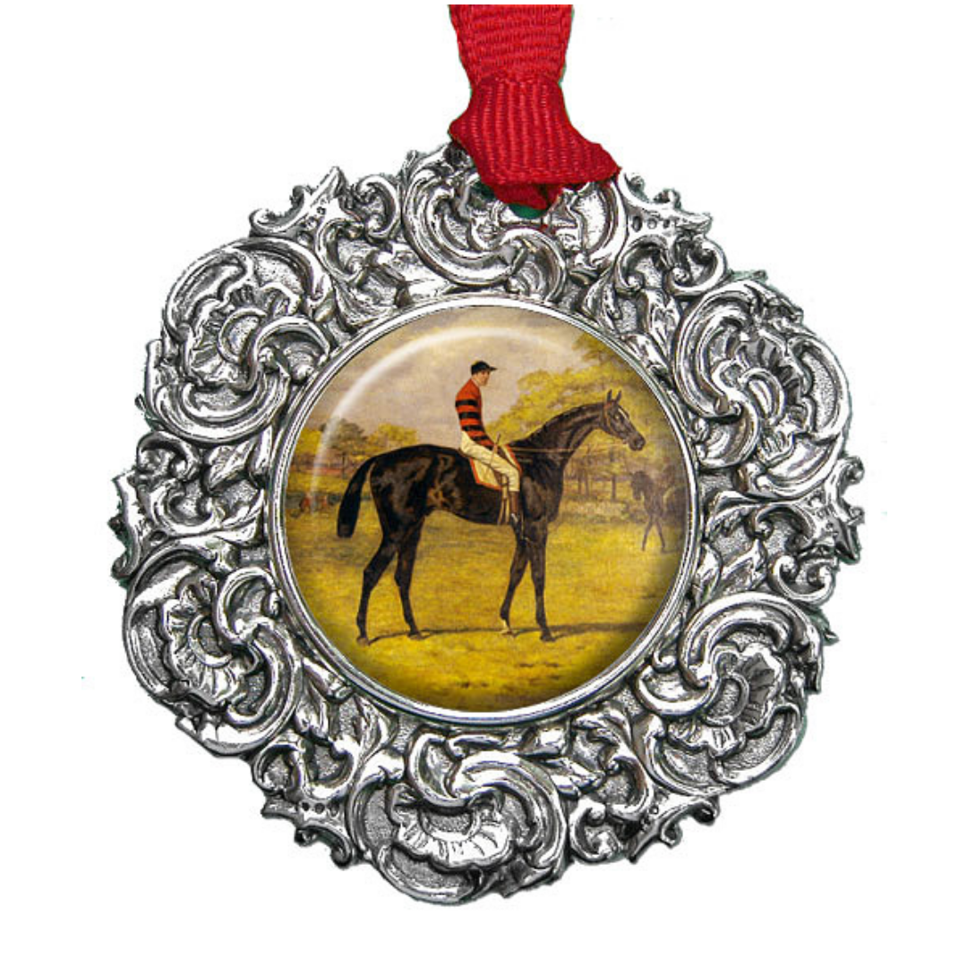 Silver Christmas ornament for a racehorse fan with painting of the vintage English racehorse Iroquois
