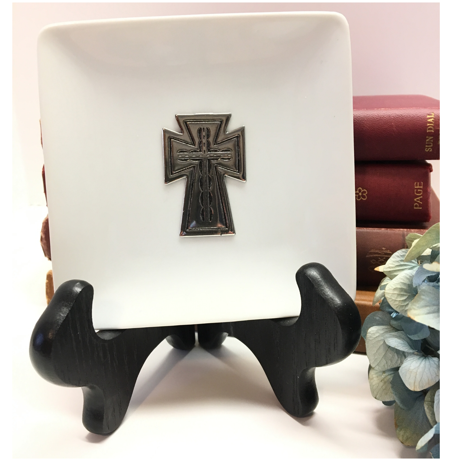 Trinket Tray, White Porcelain Dish, Silver Cross
