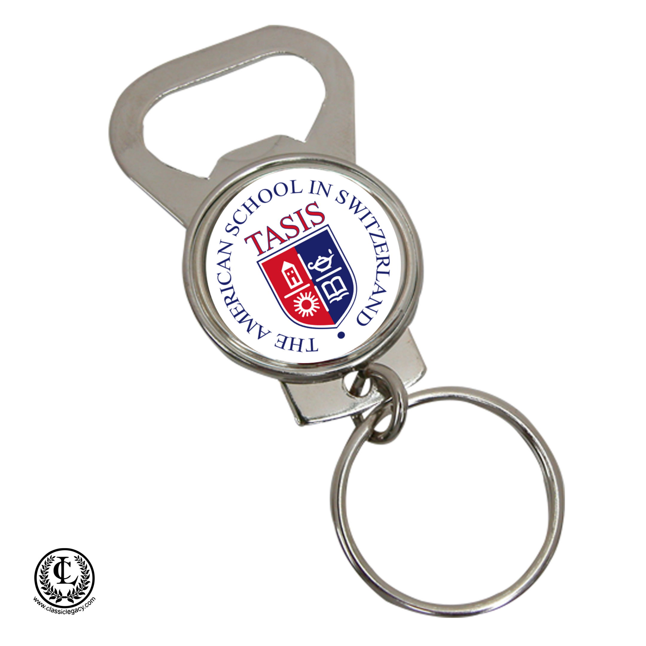 Our custom key rings feature your art, logo, or photograph. These key rings feature a round silver setting with a custom logo measuring 1.25". This design was for The American School in Switzerland.