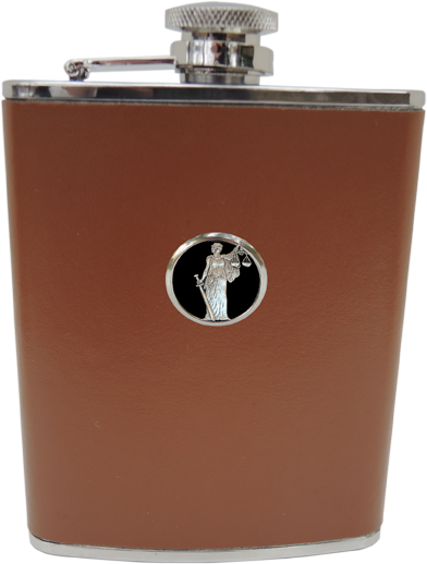 Lawyer Gift | Brown Leather Flask with Lady Justice Medallion