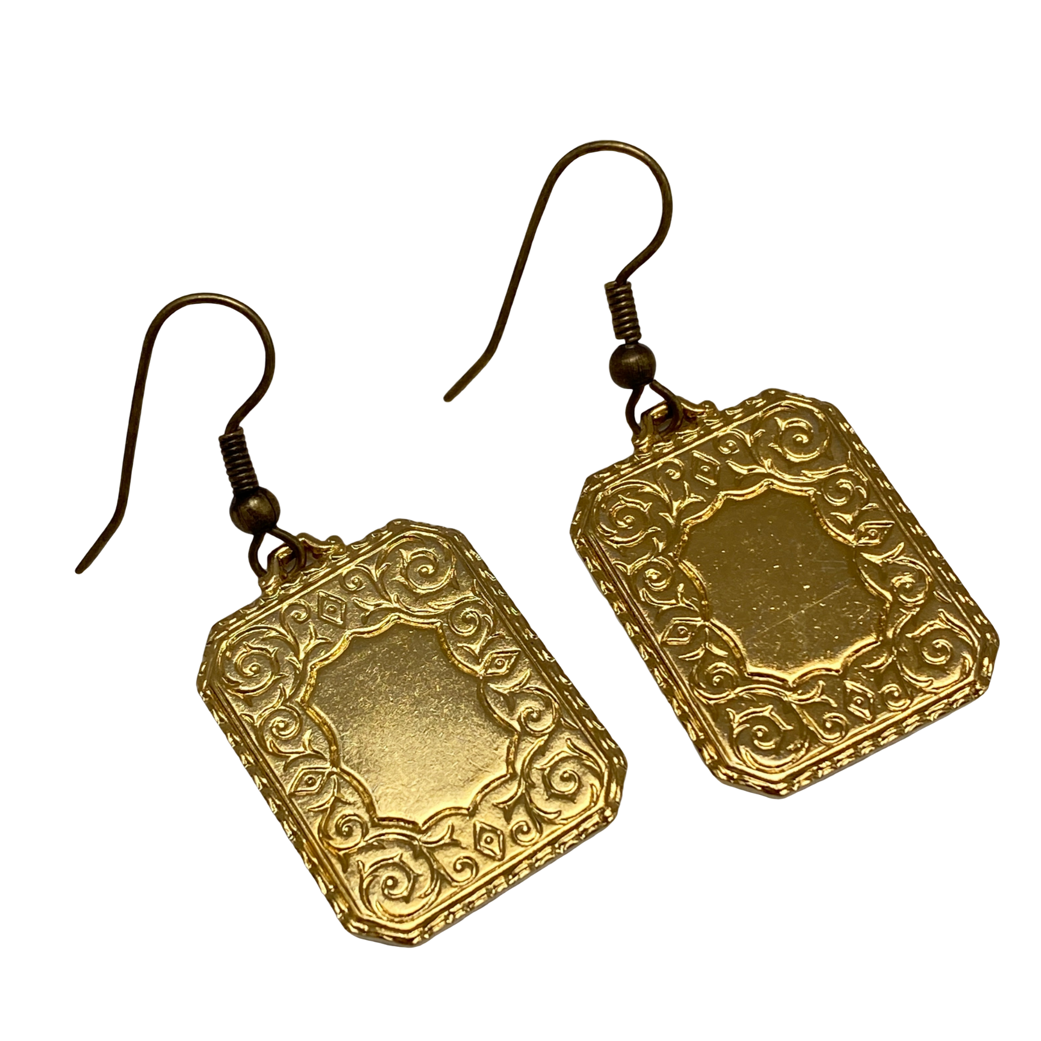 A pair of vintage gold rectangle earrings with a French ear wire, against a white background. Great Birthday Gift