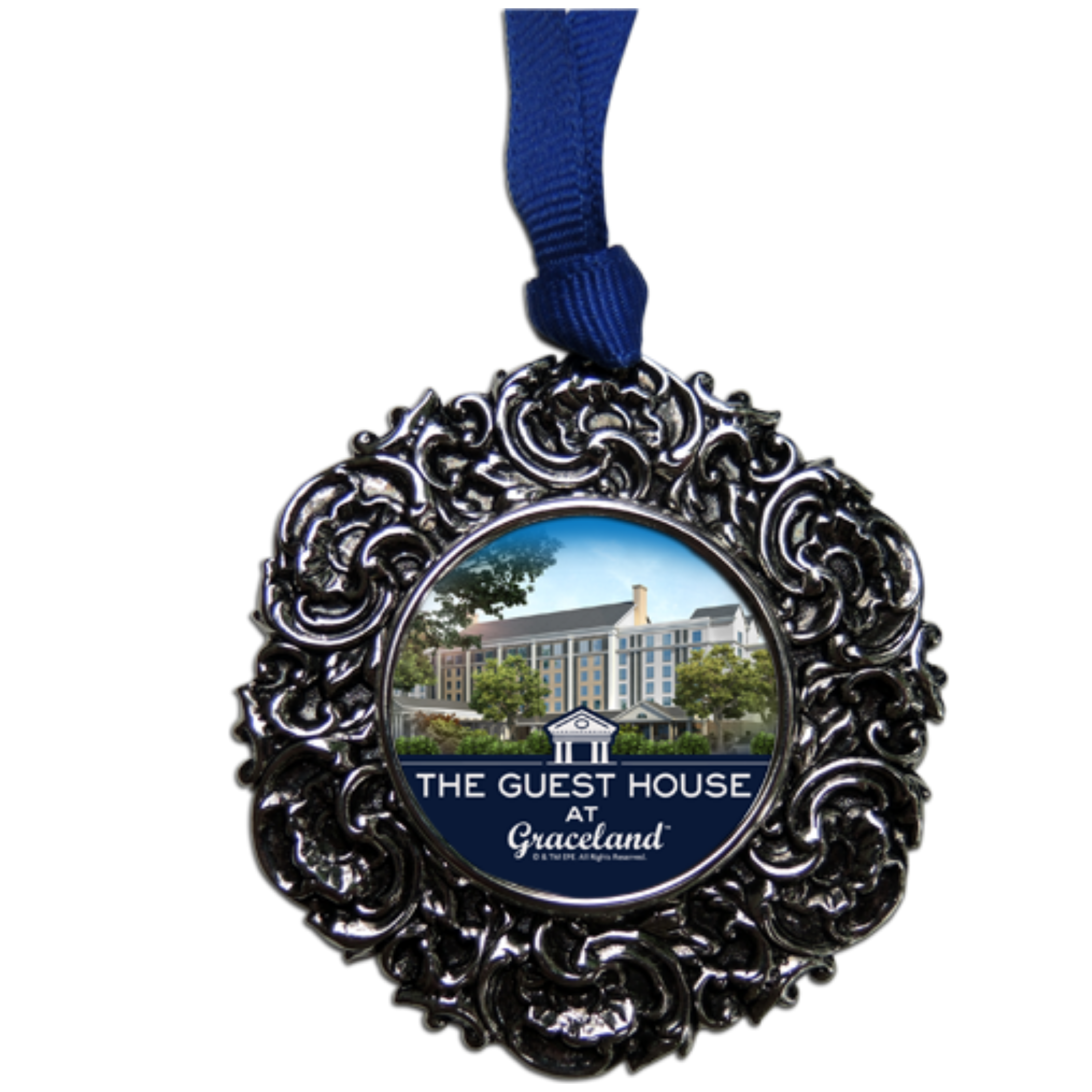 The Custom Christmas Ornament in the Classic Legacy collection is designed with a vintage inspired silver medallion. In the center is the art of logo. This is a personalized gift for corporations, hotels, and museums. Shown is the Guest House at Graceland Christmas Ornament.