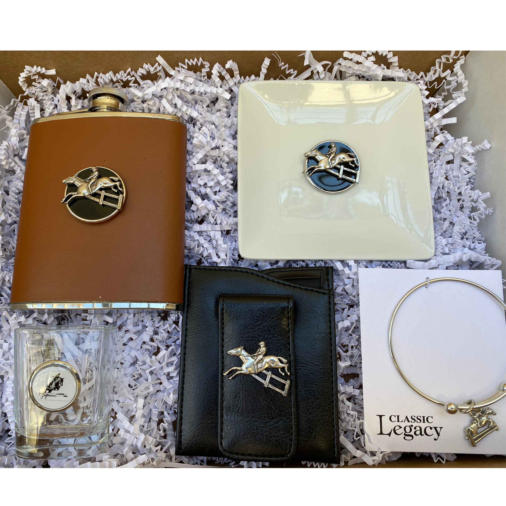 Hunter Jumper Gift box includes flask, trinket tray, shot glass, money clip and bracelet