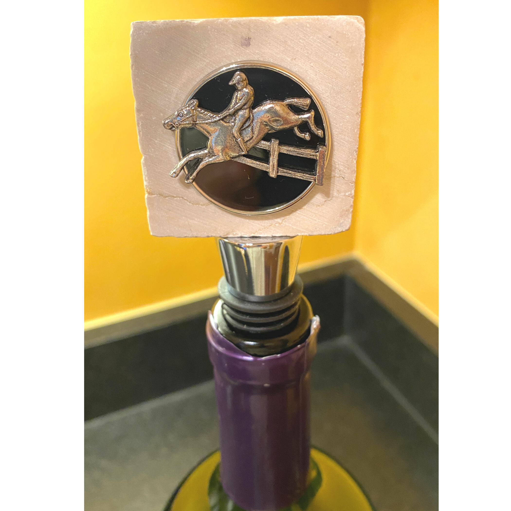 Marble Bottle Stopper with Silver Bottle stopper and Rider in a wine bottle