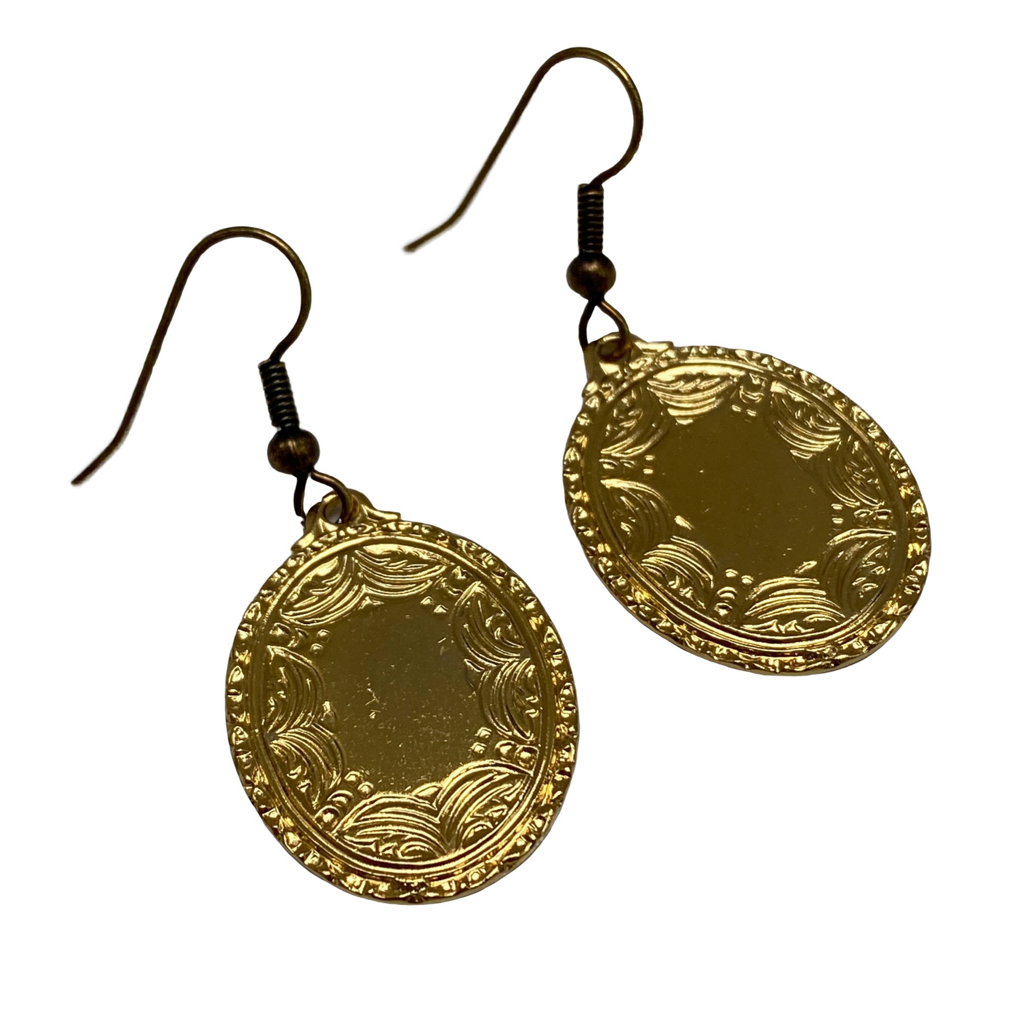A pair of vintage gold oval earrings with a french ear wire, against a white background.