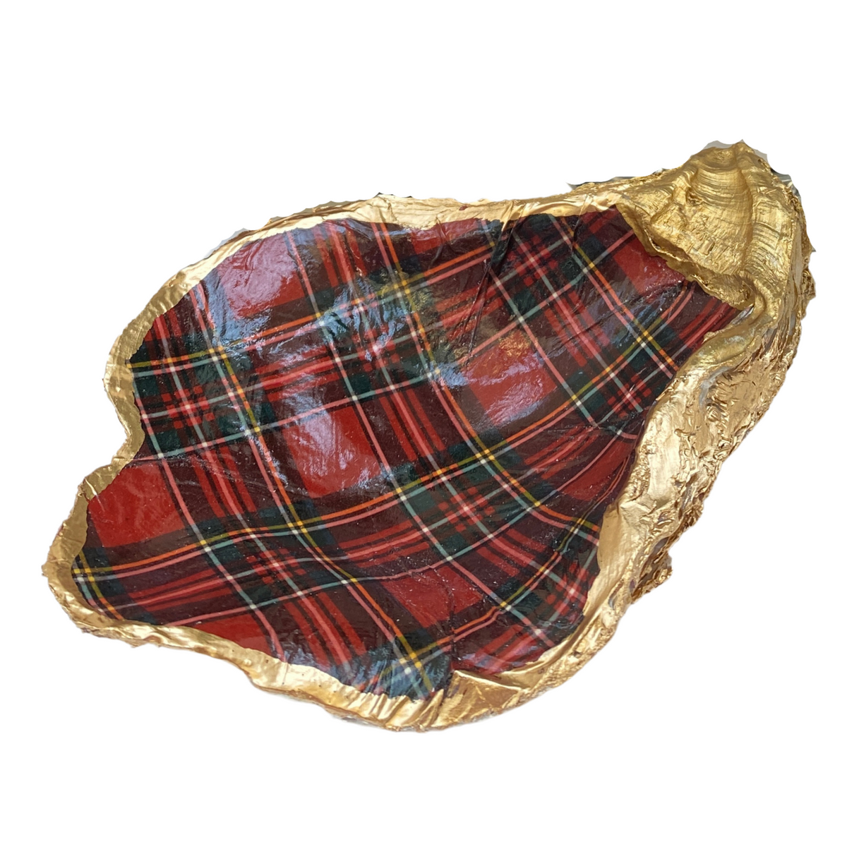 A red and green Scottish tartan plaid oyster shell dish with gold leaf detailing on the edges.