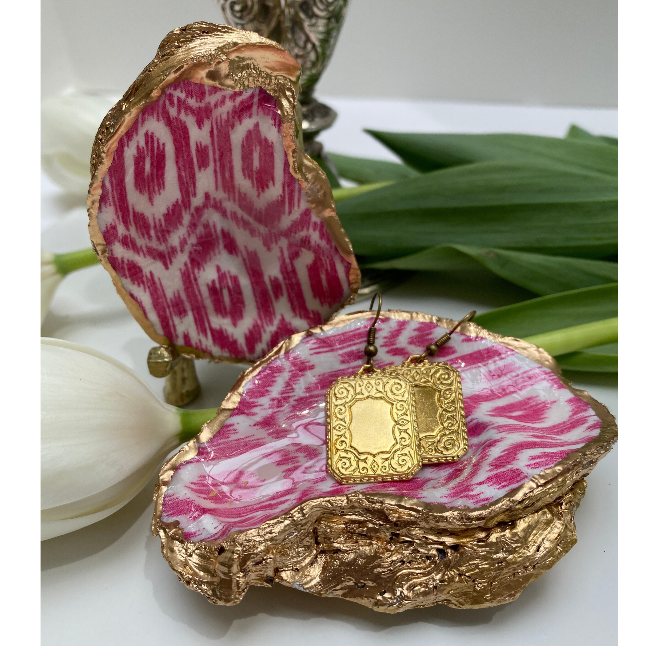 Pink Oyster Shell art with gold vintage rectangle earrings