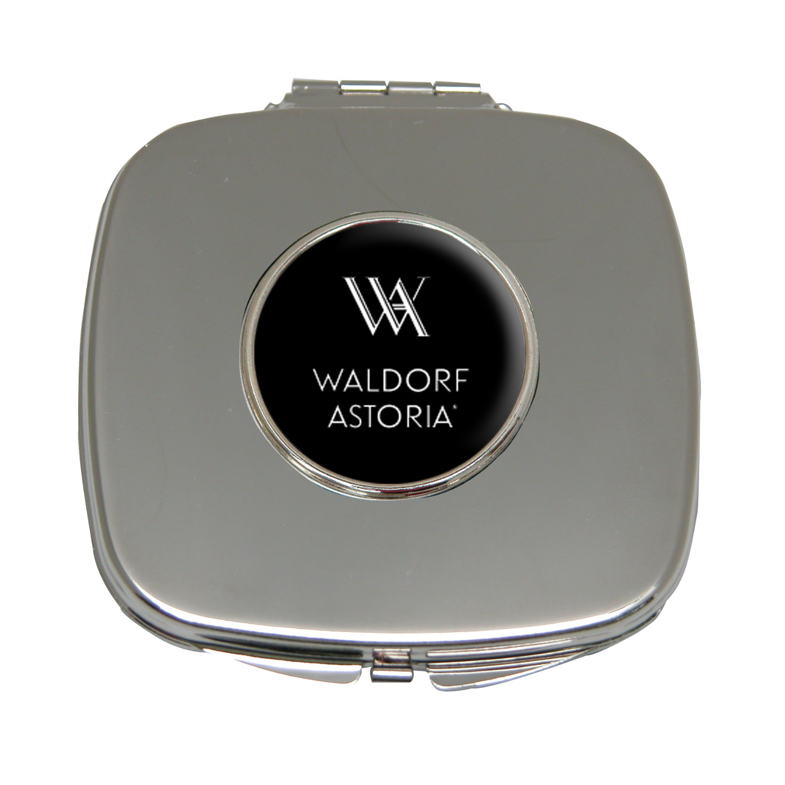 The custom purse mirror by Classic Legacy is a silver plate and features your logo inside a silver setting.. Open the mirror up, and you will find two mirrors. One is single magnification, and the other is double magnification. The mirror comes in a pouch. This makes a great custom logo gift.