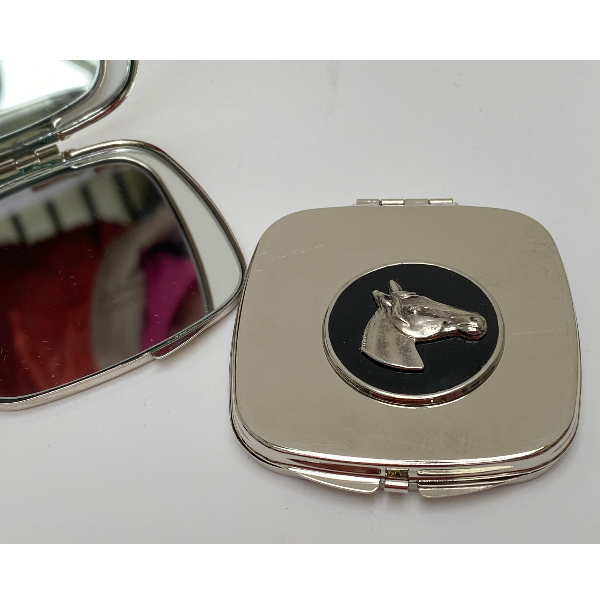 Purse Mirror for horse lover showing open and closed view