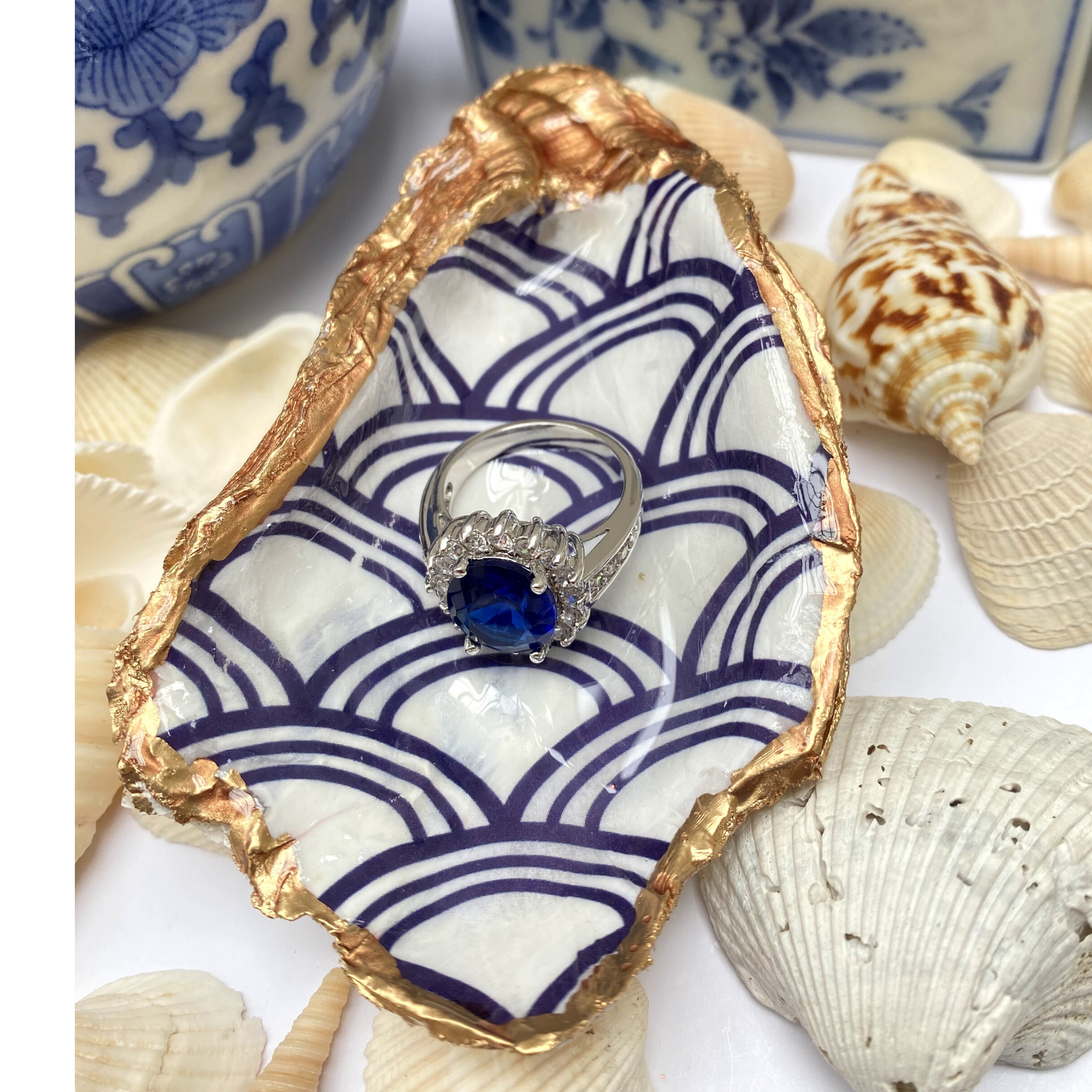 Oyster Shell Art, Jewelry Dish, Blue White Seigaiha Design