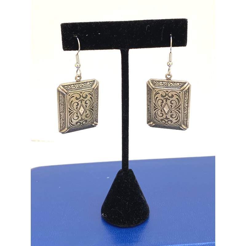 Silver Edwardian Rectangle Earrings on Display