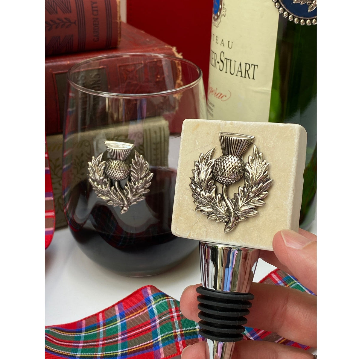 Silver Thistle Marble Wine Bottle Stopper Gift for Scottish Fan