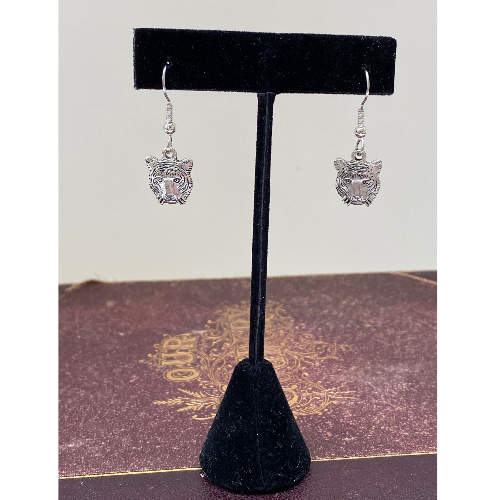 Silver Tiger Earrings on Black Display