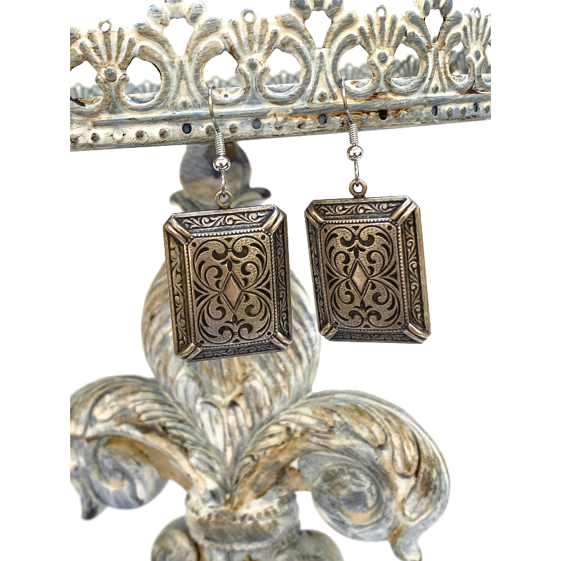 Silver Vintage Inspired Rectangle Earrings
