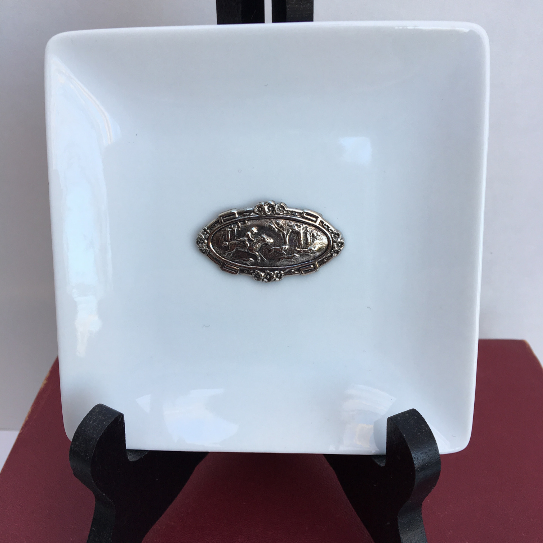 Trinket Tray, White Porcelain, Horse and Hounds, Silver Medium Medallion