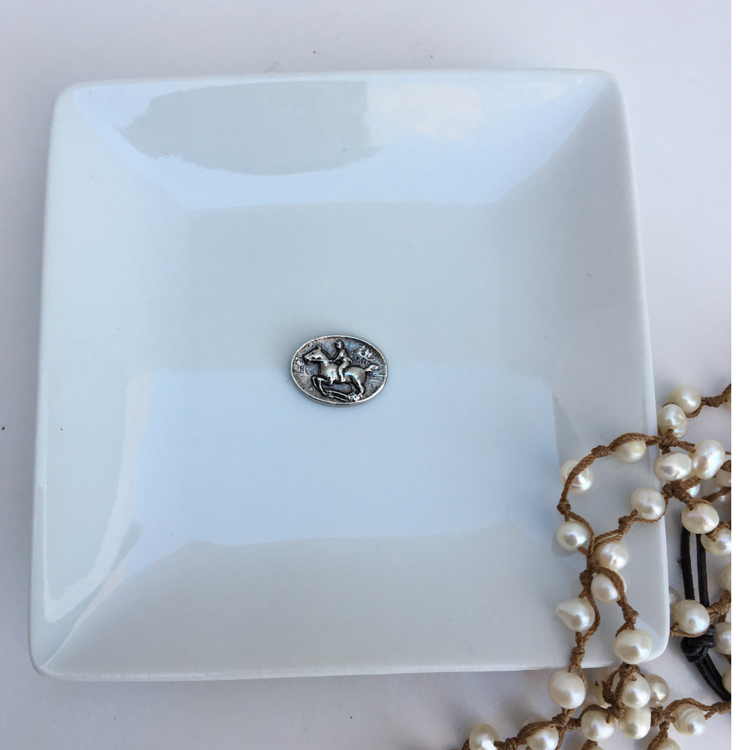 Trinket Tray, White Porcelain Dish, Small Oval Silver Horse Jumper Medallion