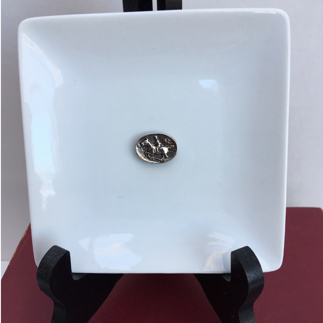 Trinket Tray, White Porcelain Dish, Small Oval Silver Horse Jumper Medallion