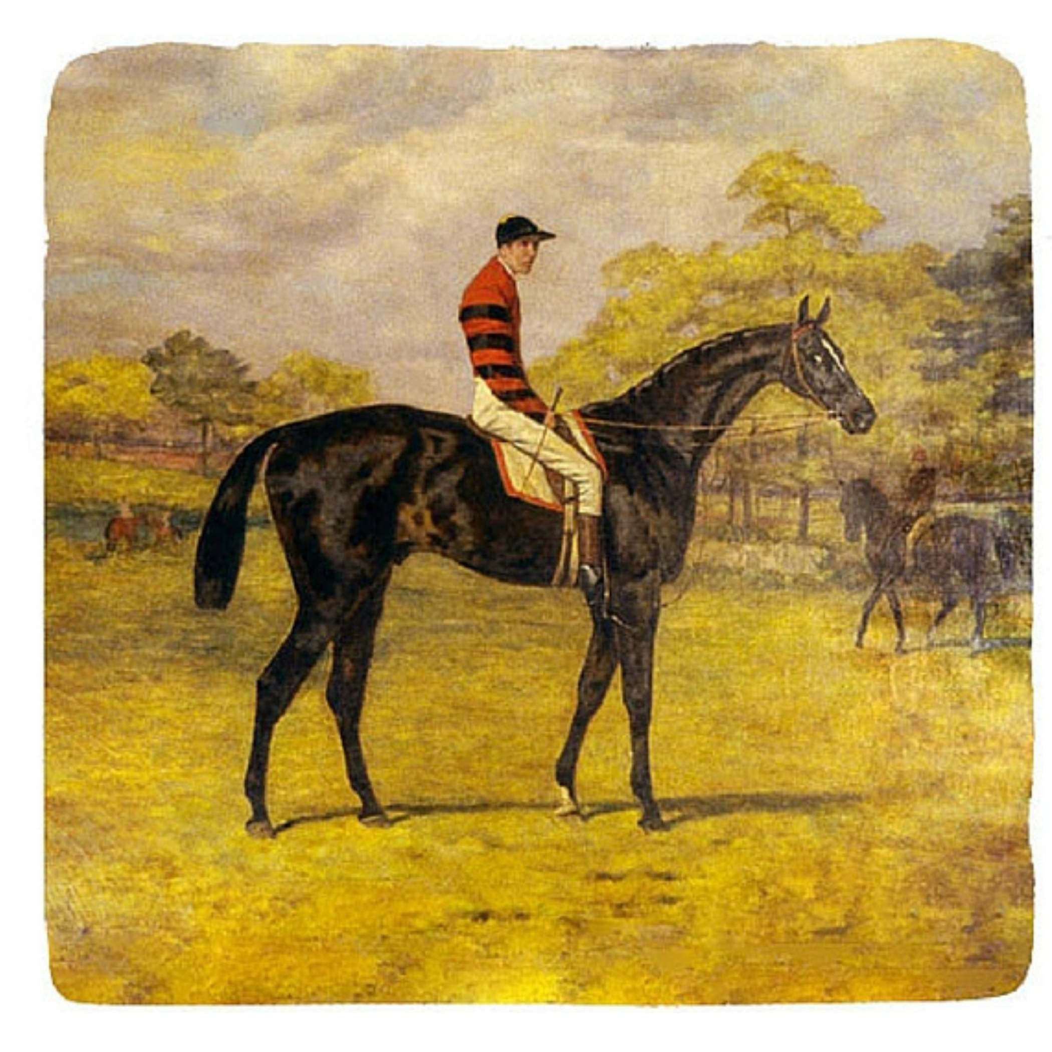 The Classic Legacy marble coasters feature your art or logo. Each is handcrafted and made i the USA. This design is of the art of a vintage racehorse.