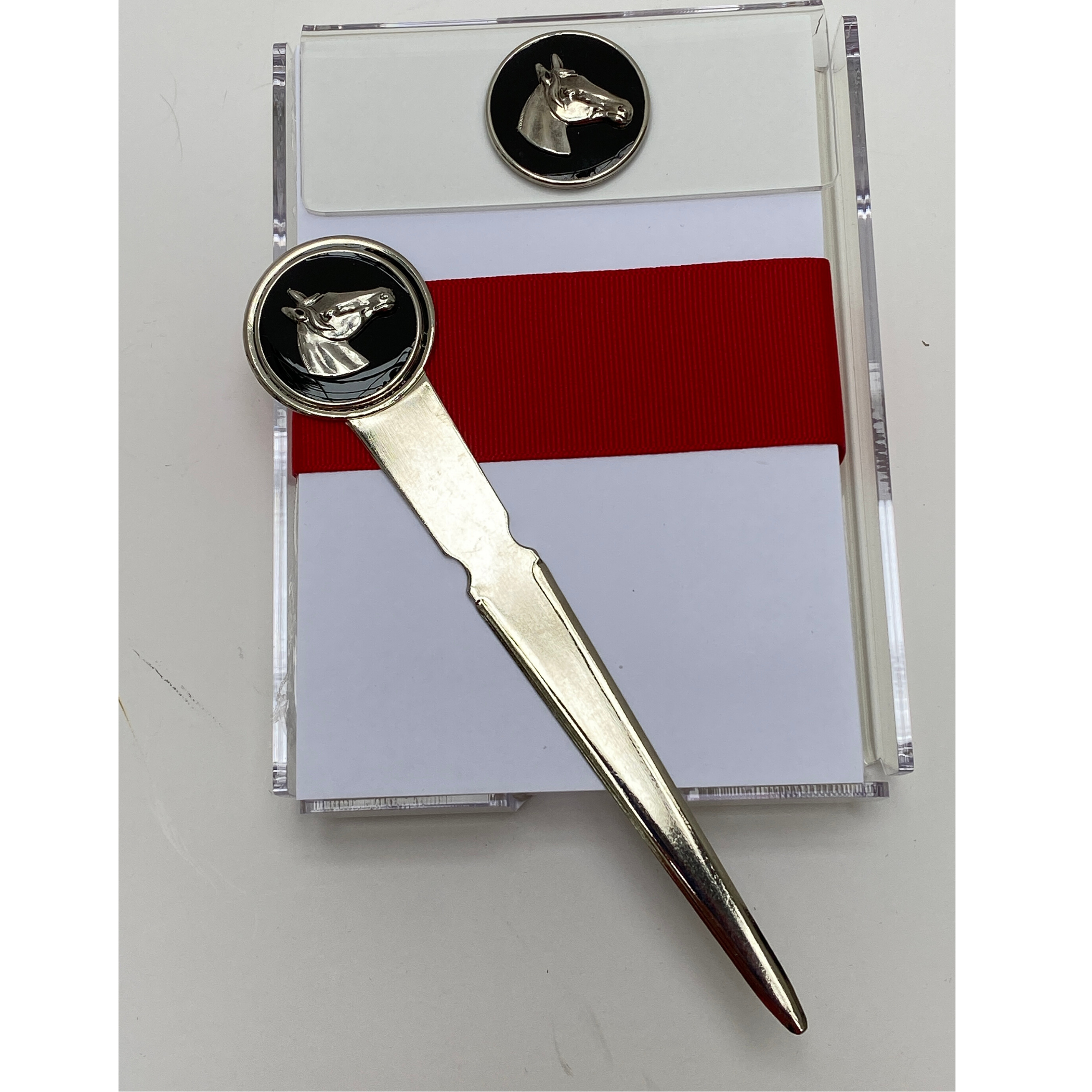 letter opener and notepad with silver horse head