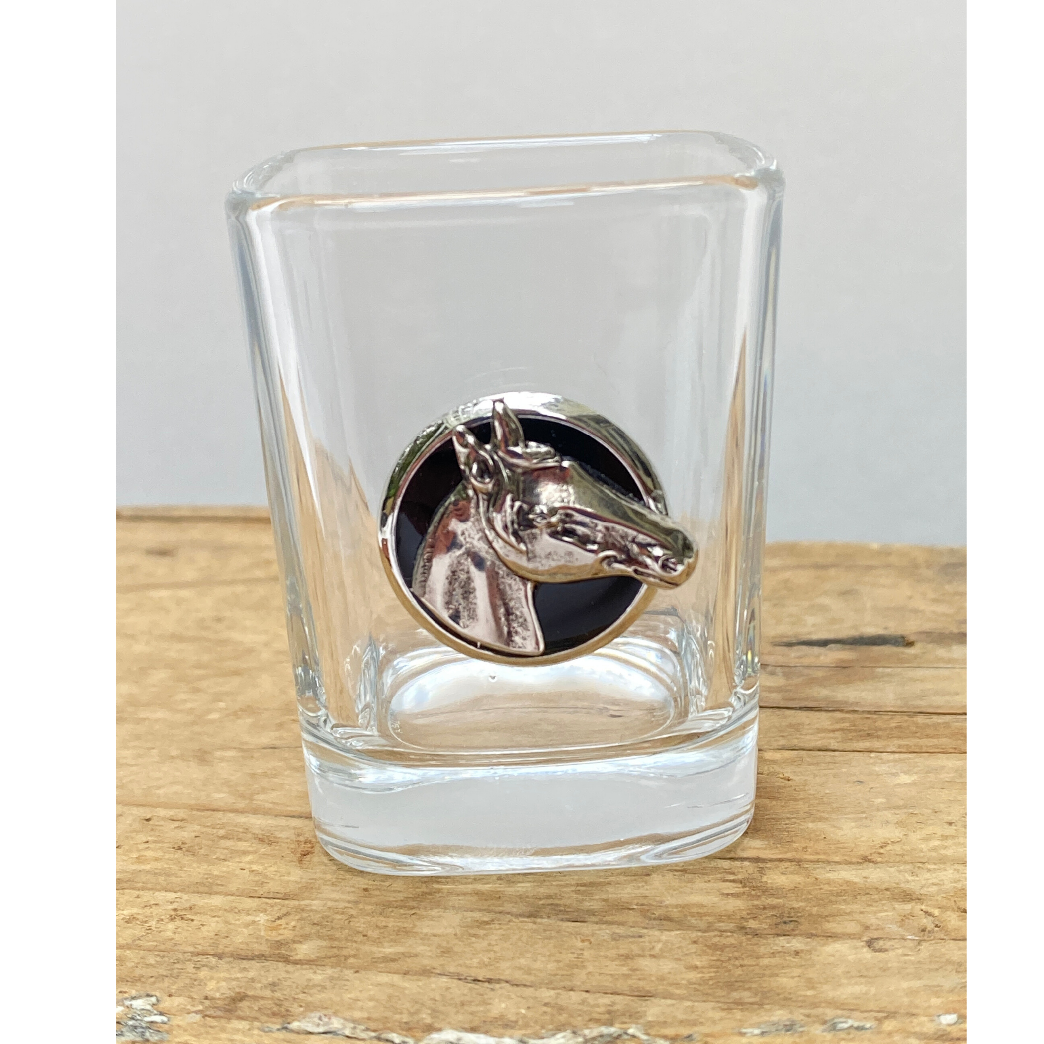 Shot glass with Silver Horse head on black enamel