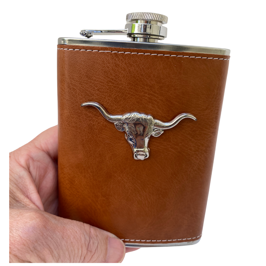 Leather Flasks by Classic Legacy are embellished with silver medallions.  