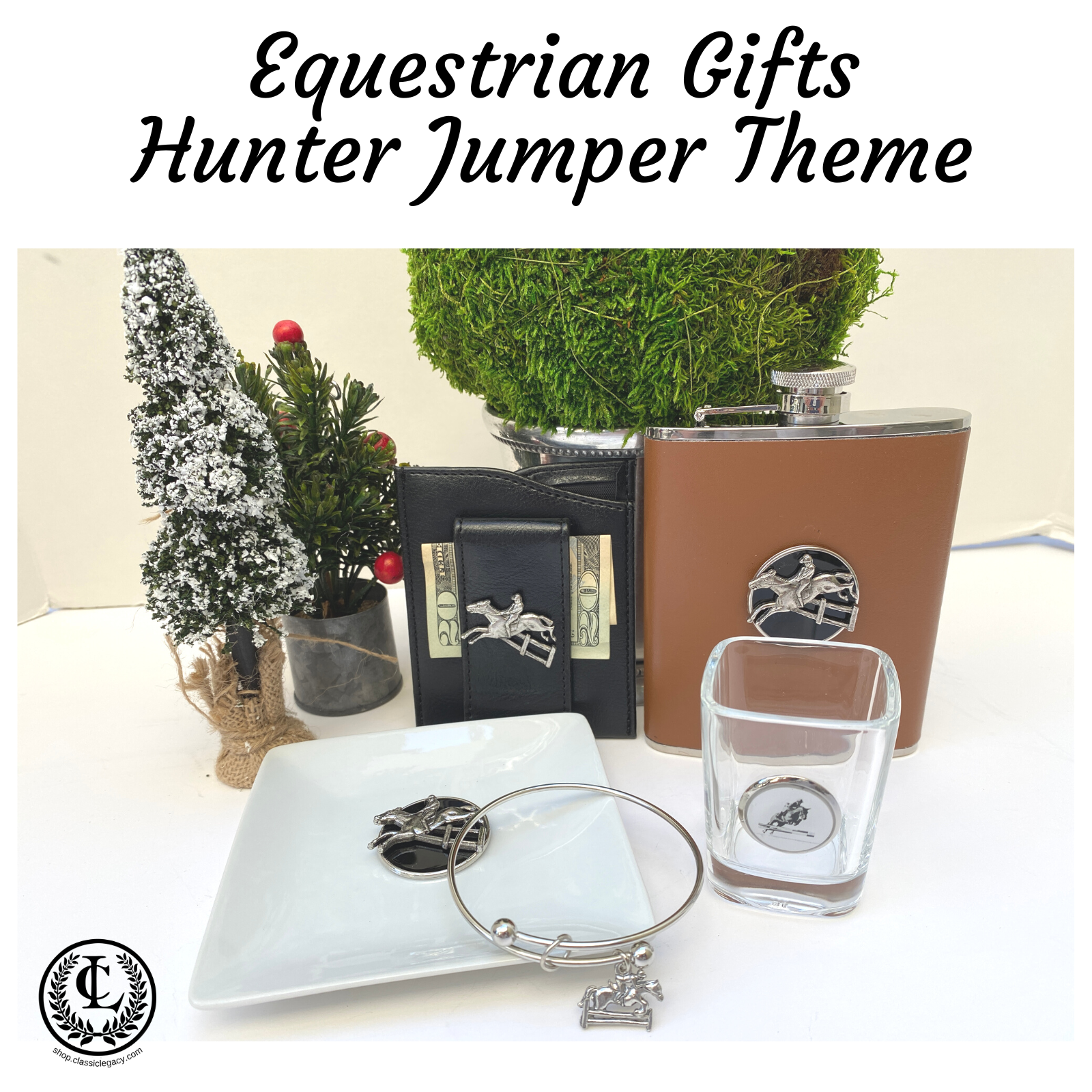 Equestrian Gifts with the hunter jumper theme include jewelry, wine accessories, money clips, trinket trays, and shot glasses.