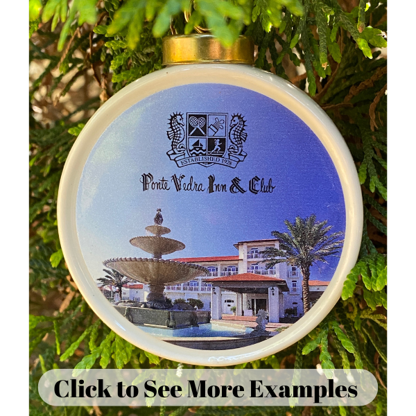 Custom China Porcelain Christmas Ornaments by Classic Legacy feature your logo or art.  The background of the ornament is white and is hung from the gold top.