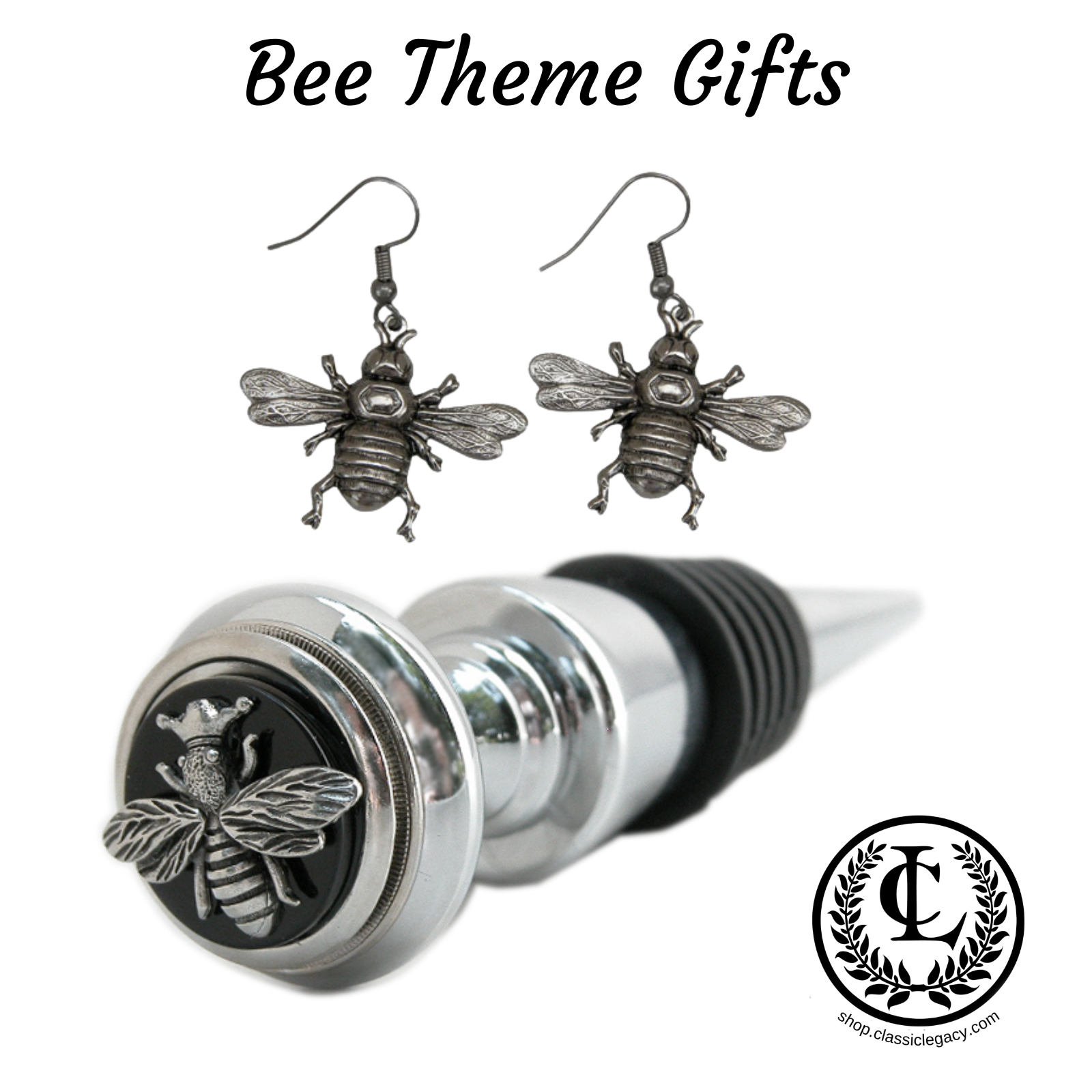 Bee theme gifts by Classic Legacy include wine bottle stoppers, jewelry, and home decor.