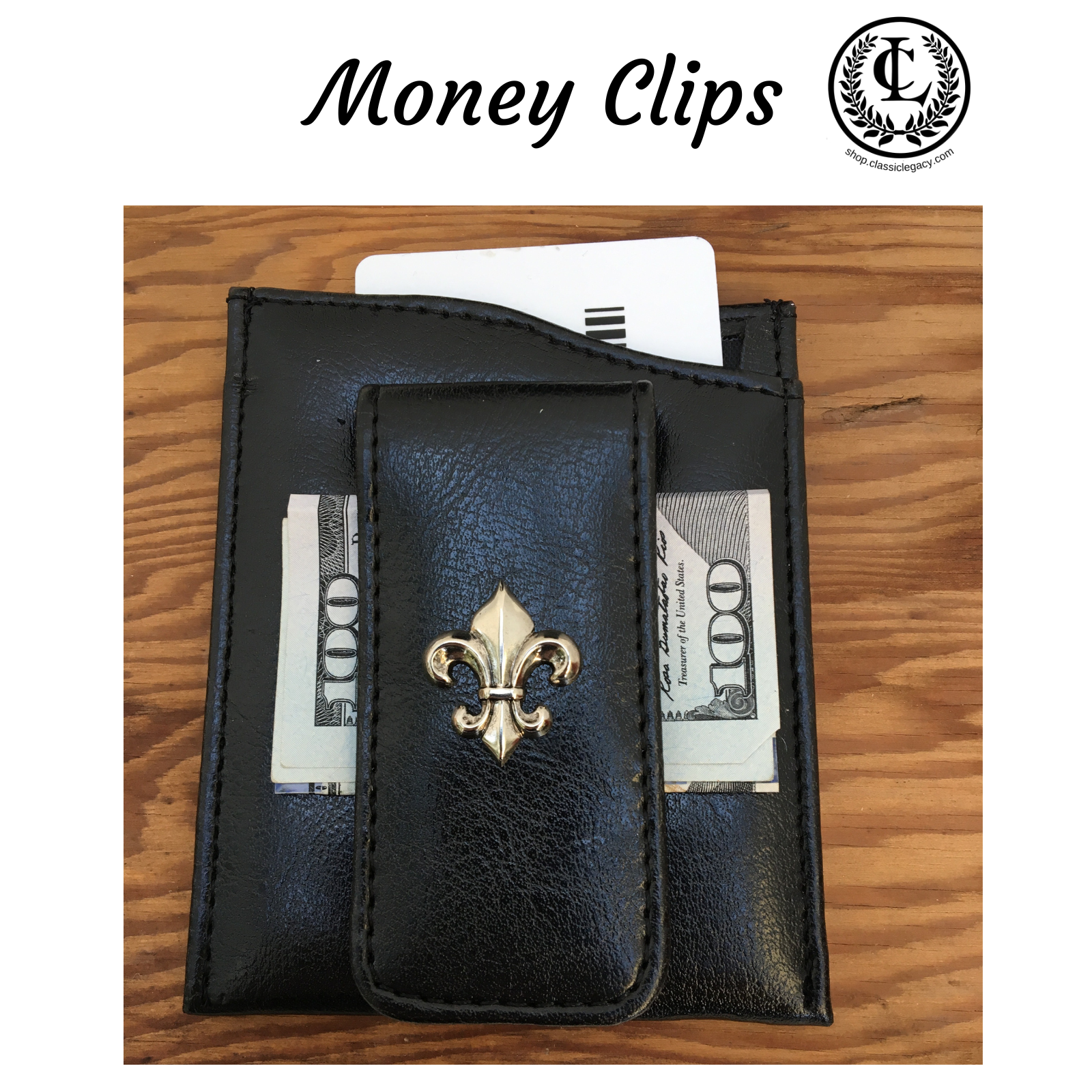 Money Clips by Classic Legacy are black faux leather and feature a pocket for credit cards and a clip for cash.  Each is embellished with a silver medallion.