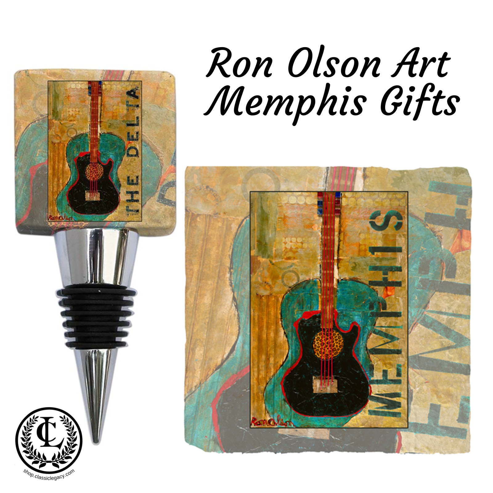 Memphis gifts with the art of Ron Olson are designed by Classic Legacy.   Gifts include marble coasters, wine stoppers, notecards, and wine carriers.  