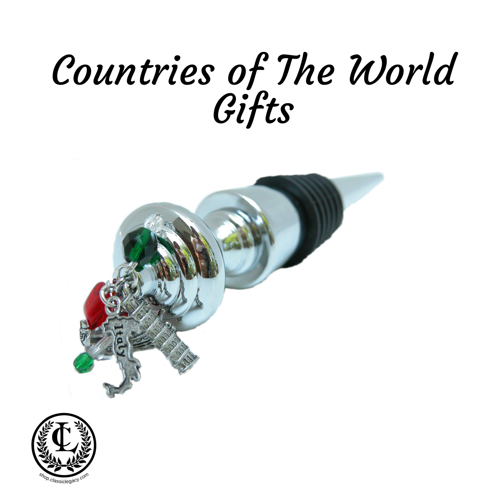 Countries of the world bottle stoppers feature charms and beads representative of that country.  