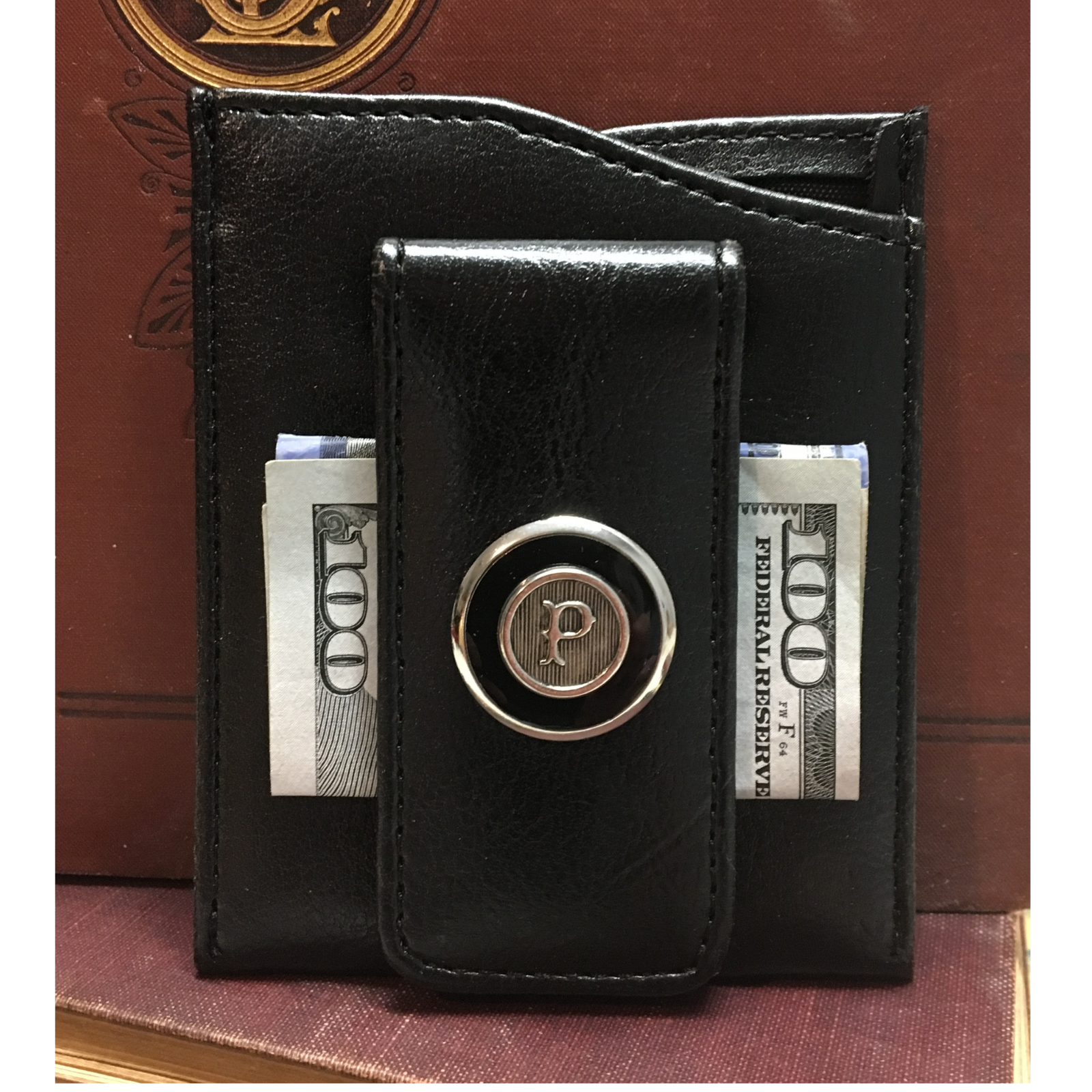 Initial Money Clip, black faux leather with silver initial of your choice