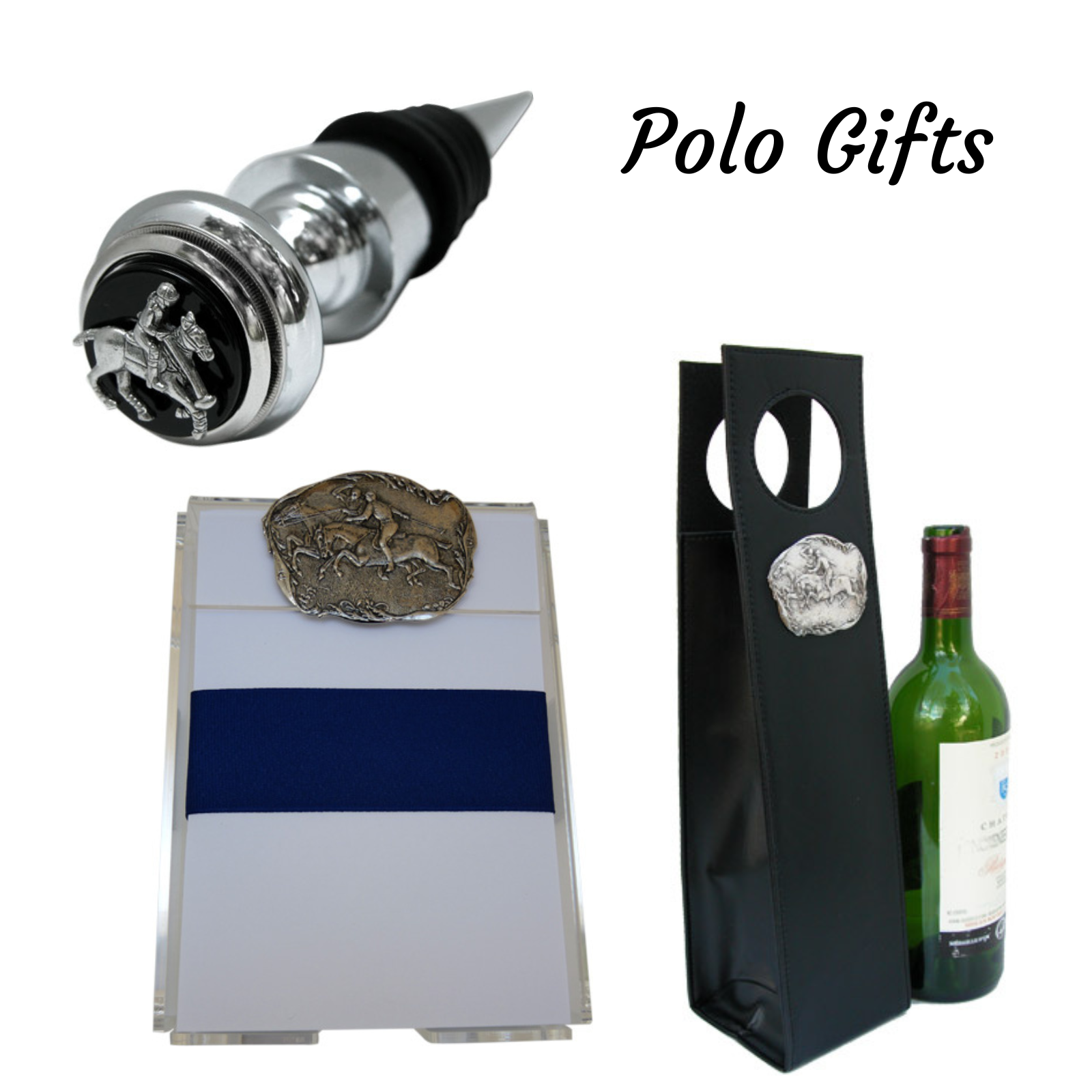 Polo theme gifts by Classic Legacy include wine bottle stoppers, notepads, wine carriers, jewelry, and home decor. 