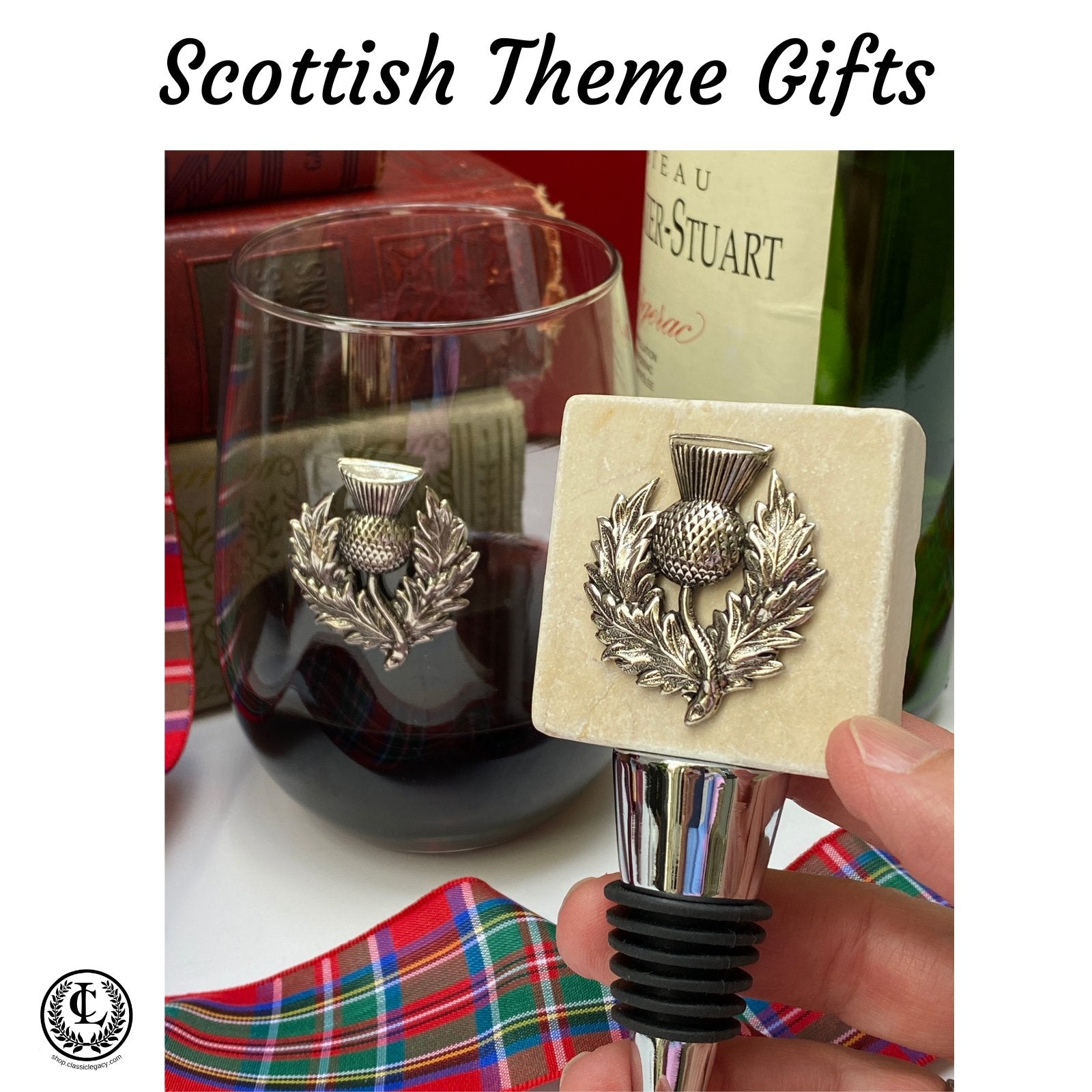 Scottish theme gifts include glassware, wine bottle stoppers, jewelry, and home decor.