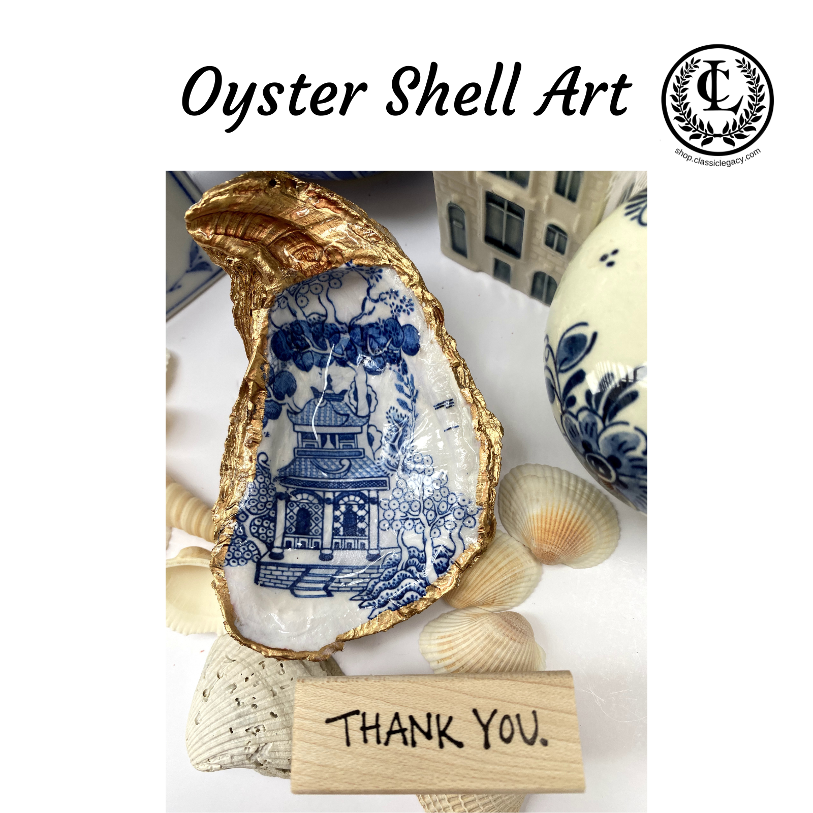 Oyster Shell Art by Classic Legacy is handcrafted using real oyster shells.  Themes include Chinoiserie, Beach, fleur de lis, William Morris, and custom design.