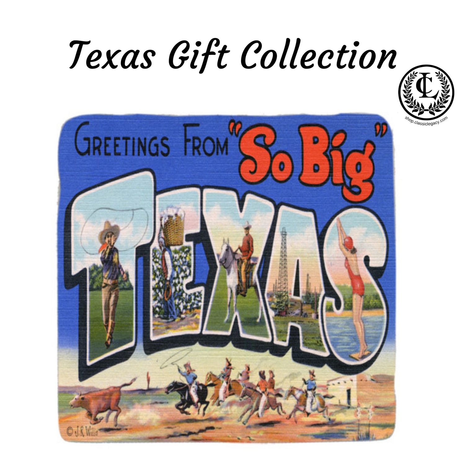 Texas gifts feature vintage postcard art.  Gifts include our marble coaster, marble wine bottle stopper, business card holder, purse mirror, and silver box.