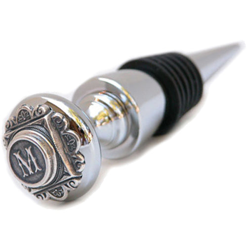 Classic Legacy initial wine bottle stopper feature a silver vintage medallion embedded with the letter of your choice.