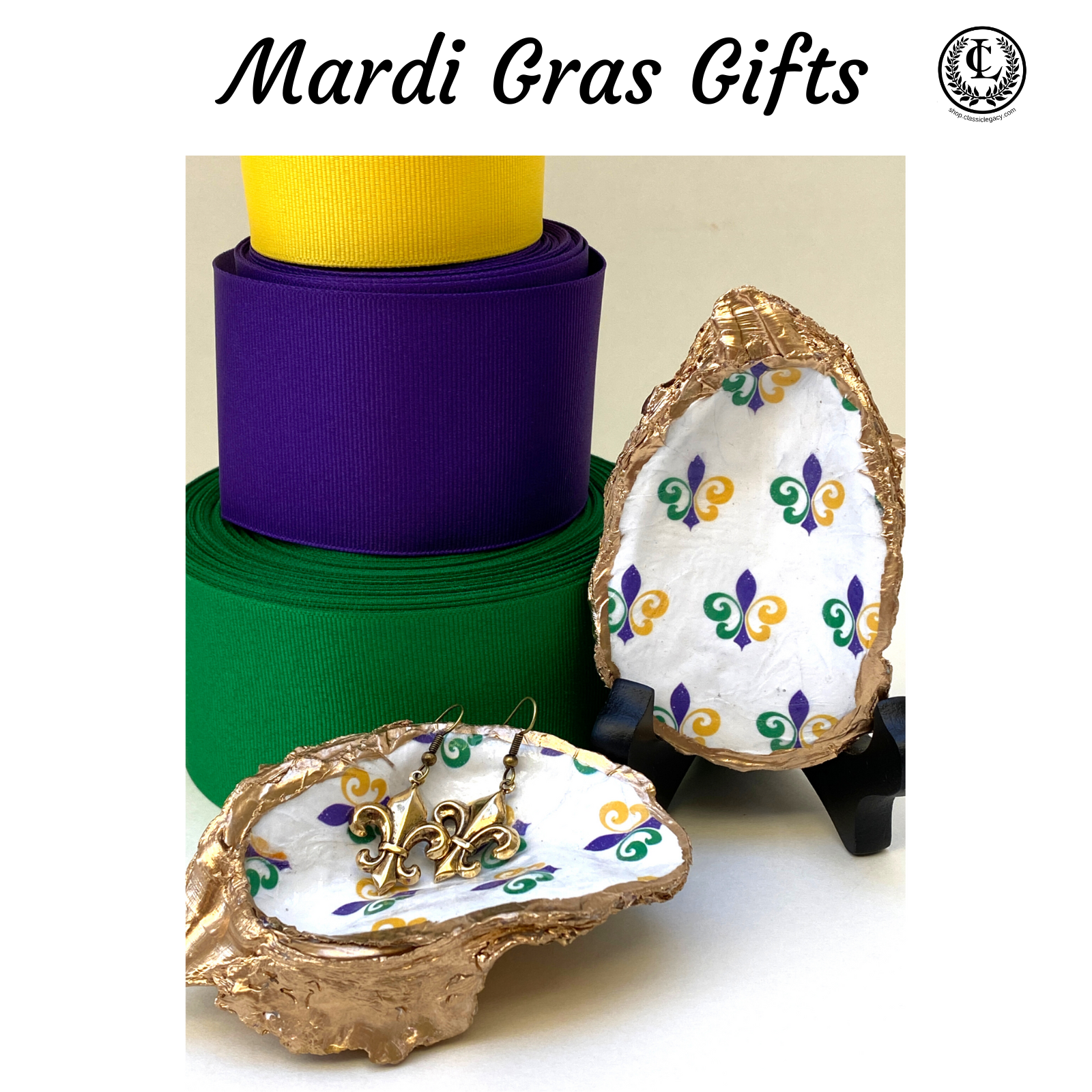 Mardi Gras gifts by Classic Legacy include oyster shell art, glassware, jewelry, and home decor.