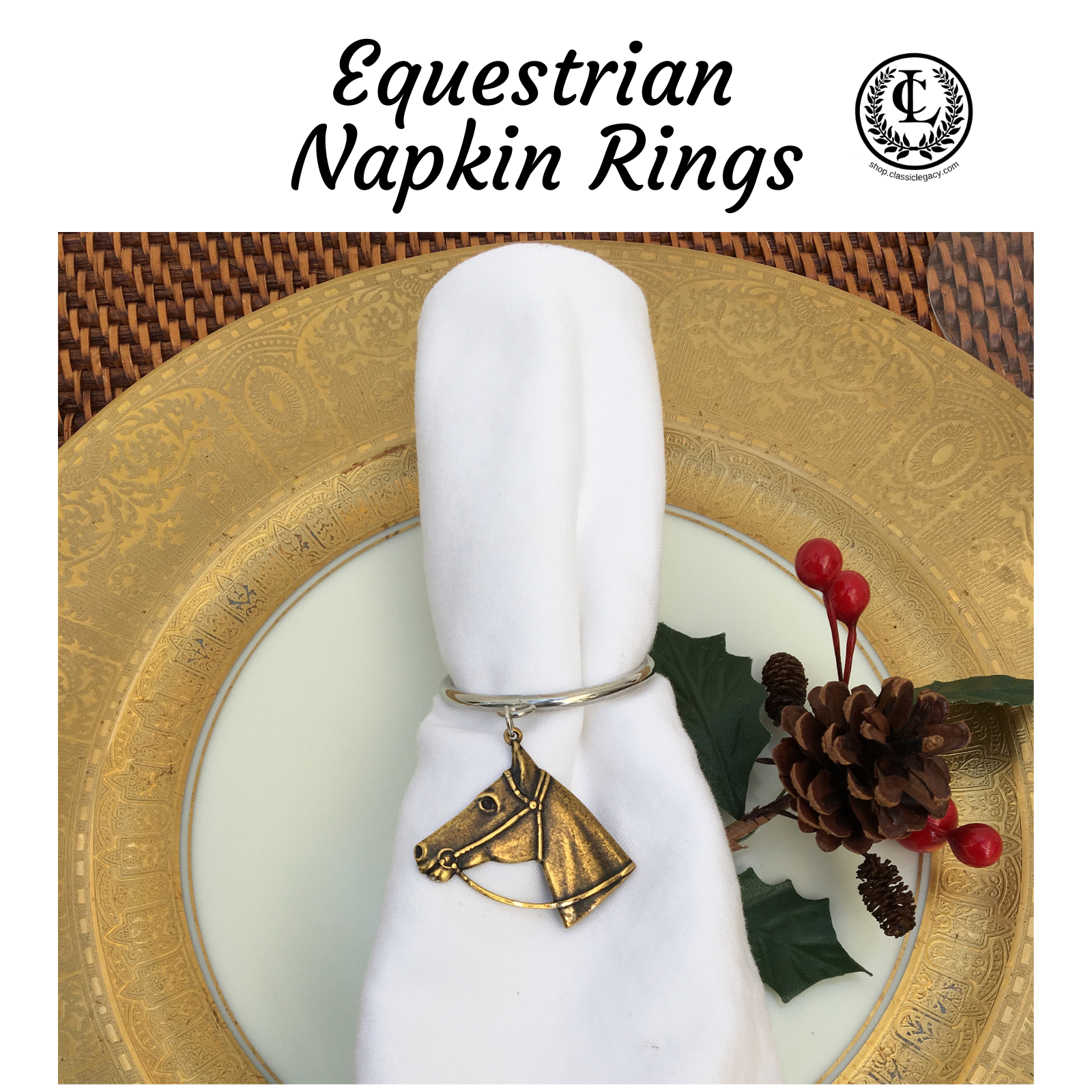 Equestrian napkin rings designed by Classic Legacy feature silver and gold horse medallions.  Each comes as a set of 4 and are perfect gifts for horse lovers.