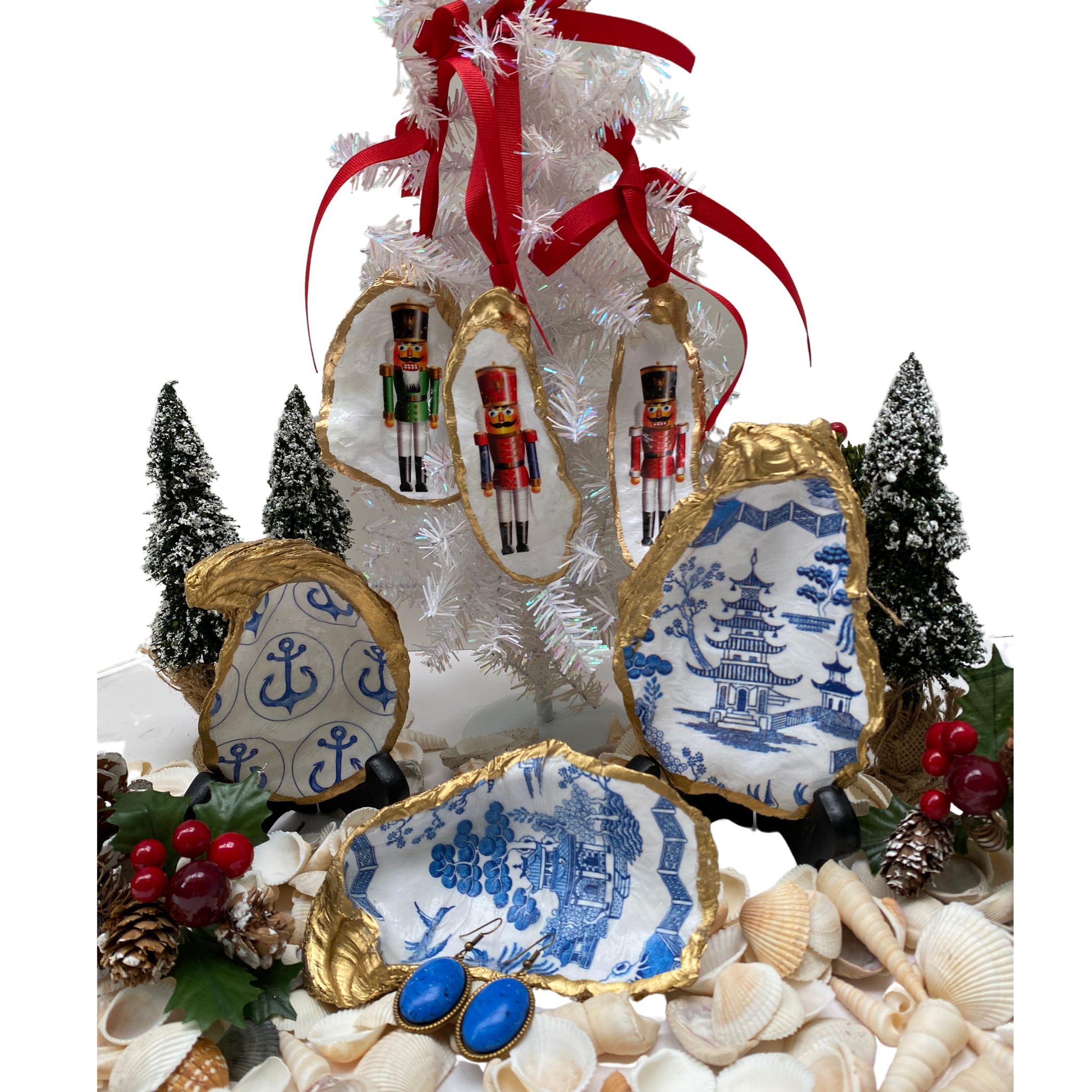 Beach Christmas ornaments and coastal decor by Classic Legacy include holiday ornaments, oyster shell art, and wine gifts.