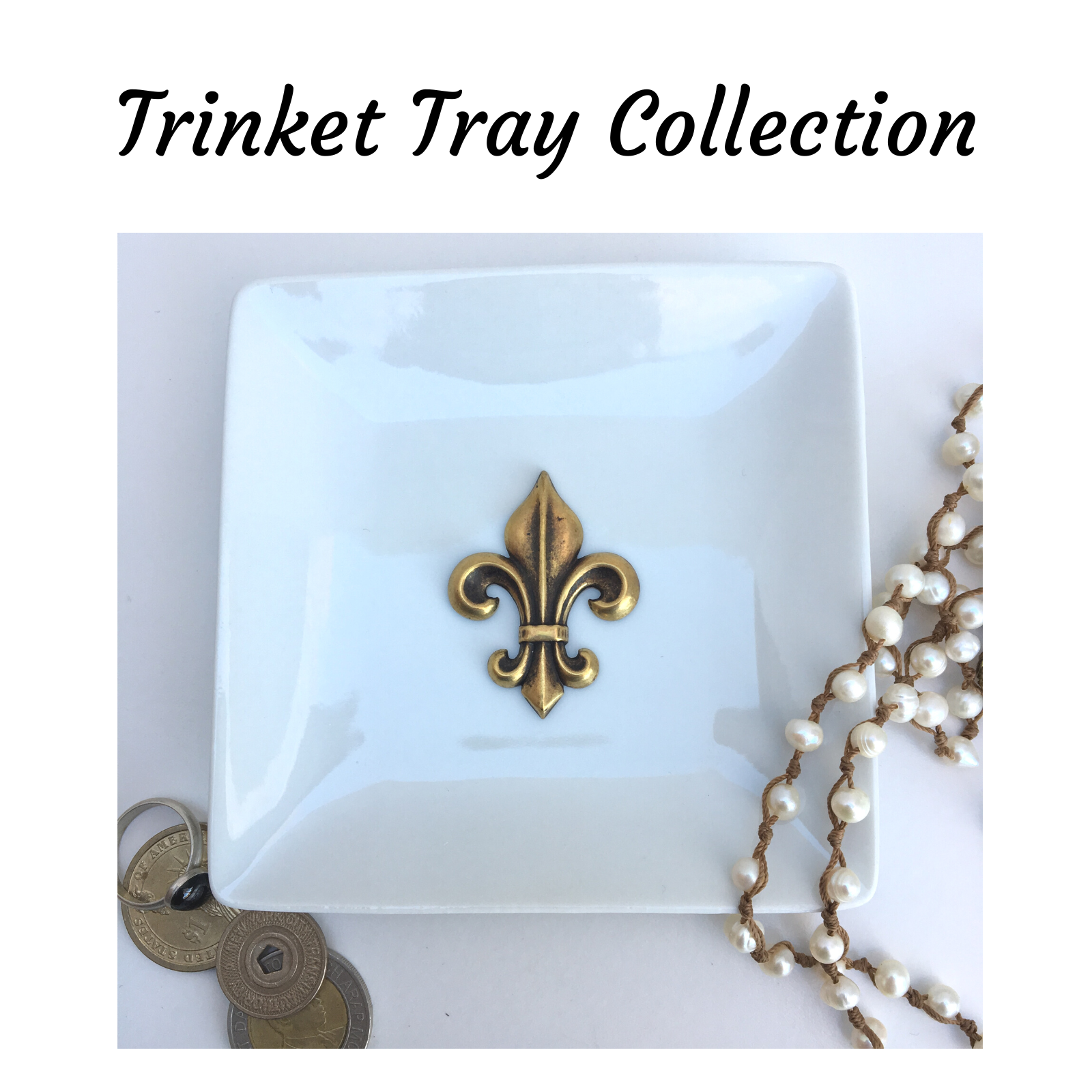 Trinket Trays by Classic Legacy are white porcelain and are embellished with silver and gold medallions such as the fleur de lis or custom logos.