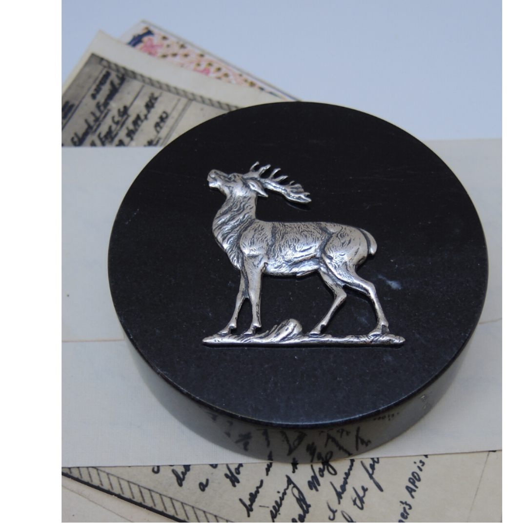 Black Marble Paperweight with Silver Stag Deer