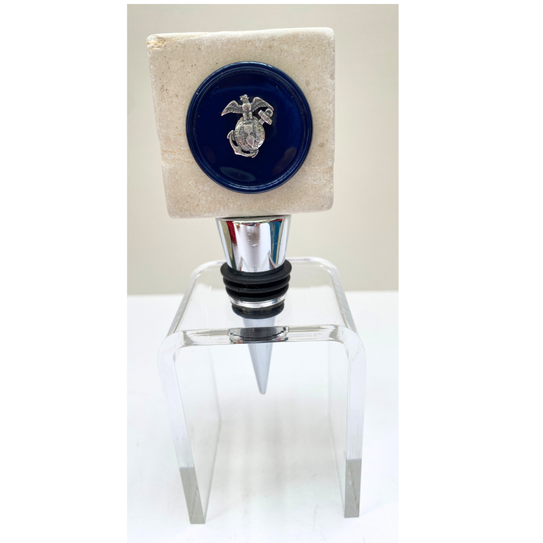 Marble Wine Bottle Stopper | Blue with Silver Marine Corp Medallion