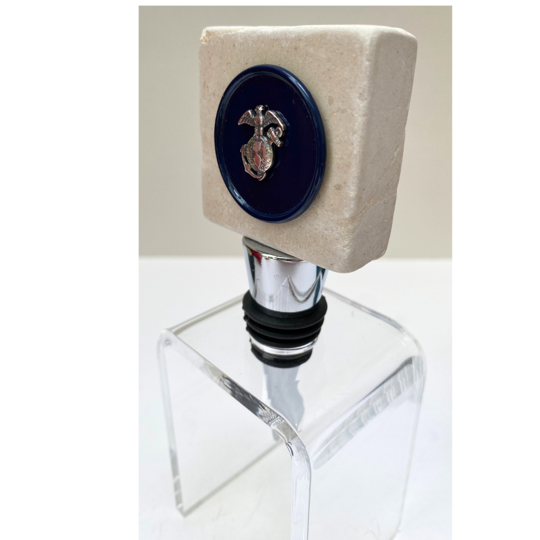 Marble Wine Bottle Stopper | Blue with Silver Marine Corp Medallion